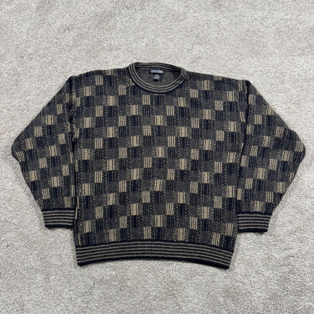 Jantzen Mens Large Vintage Checkered Crewneck Sweater Black Tan Geometric Knit